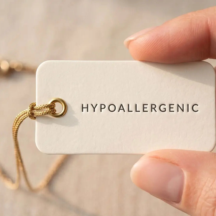 Picture of two fingers holding a white label card with string, stating hypoallergenic