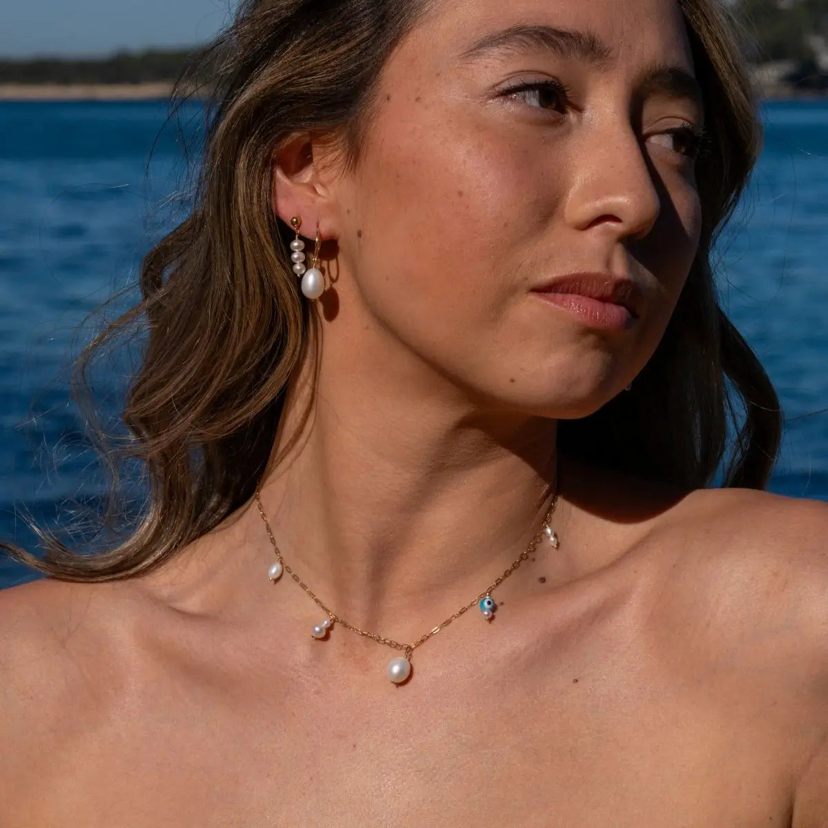 Alba Gold Filled Necklace with Evil Eye and Pearl Drops Gold 2 on model- Australian Jewellery Brand Bowerbird Jewels