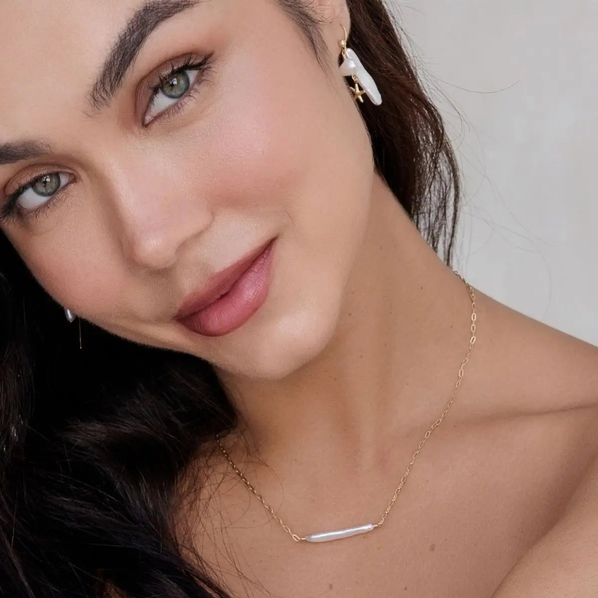 Aluna Gold Filled Necklace with Horizontal Biwa Pearl Gold 1 on model- Australian Jewellery Brand Bowerbird Jewels