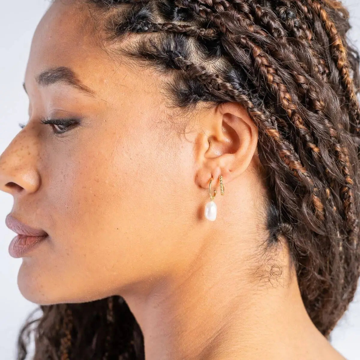 Arcane Pearl Drop Hoop Earrings Gold 1 - on model- Australian Jewellery Brand Bowerbird Jewels