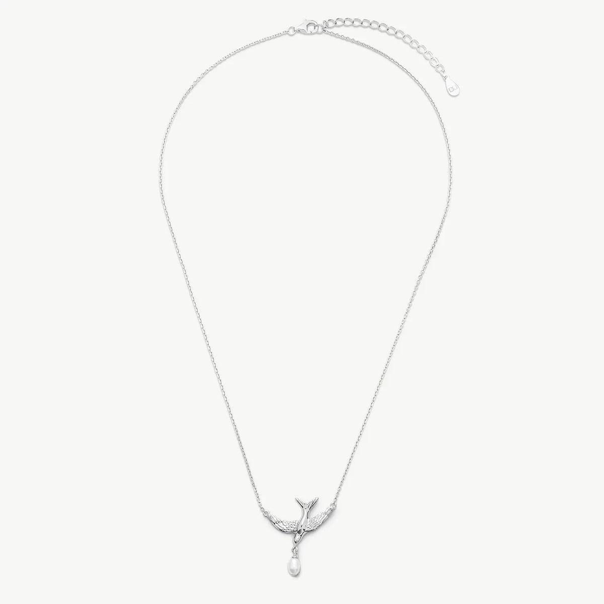 A delicate silver chain necklace featuring a small bird pendant with a teardrop-shaped clear stone hanging from its beak, displayed against a solid off-white background.