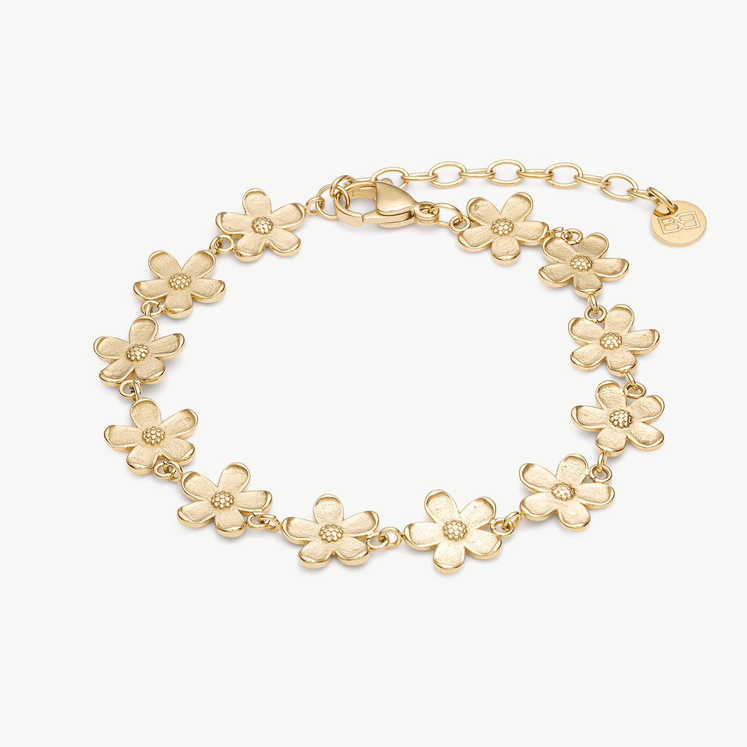 A gold-tone flower-link bracelet with five-petal flower charms and an adjustable lobster clasp, shown on a clean off-white background.