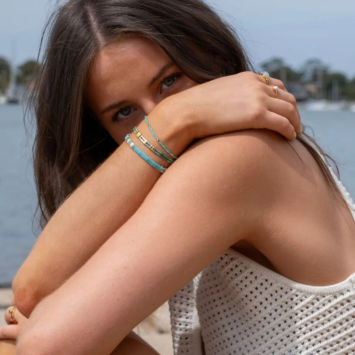 Colour Splice Green Agate Gemstone Stacking Bracelet 1 on model- Australian Jewellery Brand Bowerbird Jewels