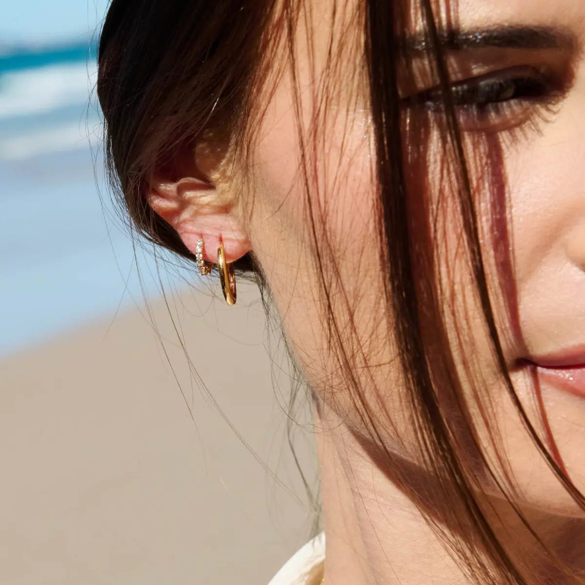 Cubic Zirconia Sterling Silver Huggie Earrings 1 on model- Australian Jewellery Brand Bowerbird Jewels