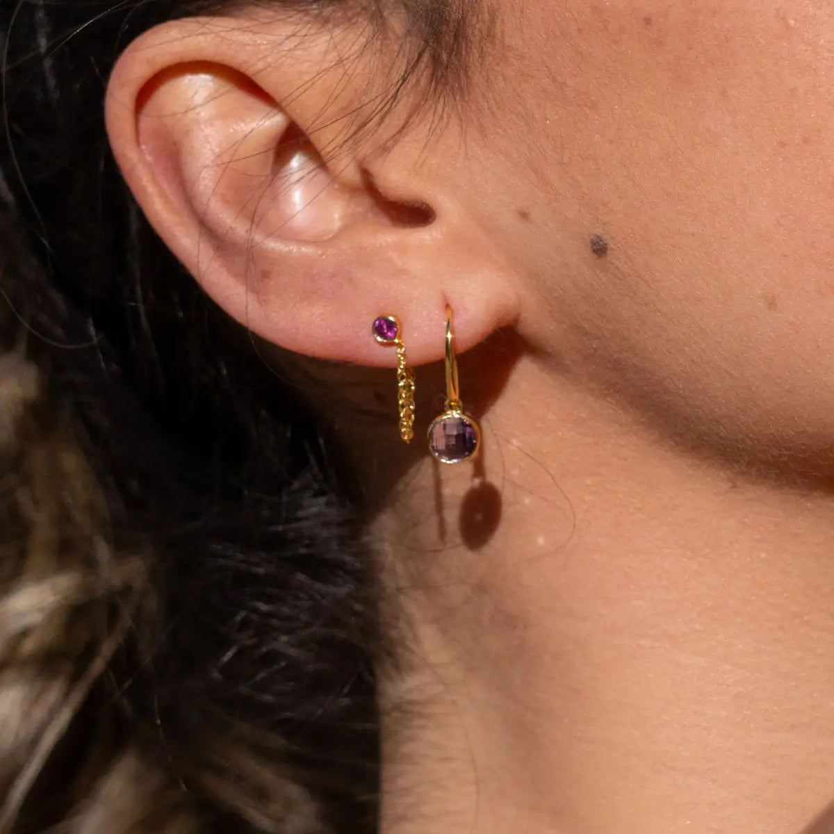 Linklight Garnet Chain Stud Earrings in 18K Gold Vermeil or Silver Gold 2 - on model- Australian Jewellery Brand Bowerbird Jewels