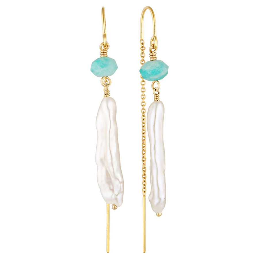 Nara Gold Filled Threader Earrings with Amazonite and Biwa Pearl Gold 1 - Bowerbird Jewels - Online Jewellery Store