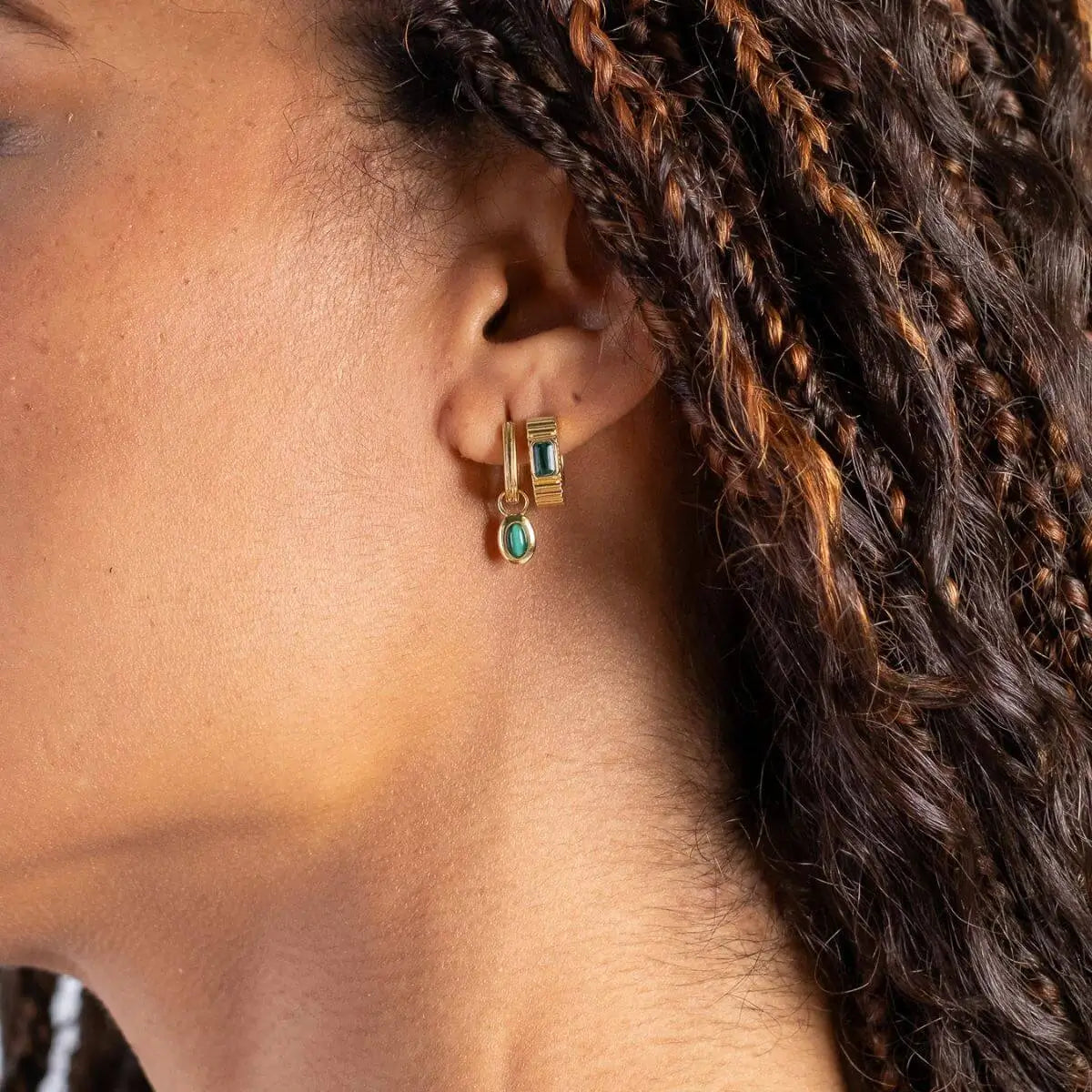 Ohana Malachite Drop Huggie Hoop Earrings Gold 1 - on model- Australian Jewellery Brand Bowerbird Jewels