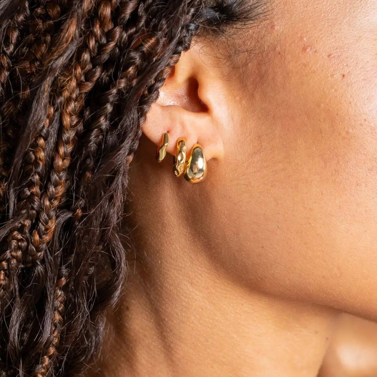 Organic Hoop Huggie Earrings Gold 1 - on model- Australian Jewellery Brand Bowerbird Jewels
