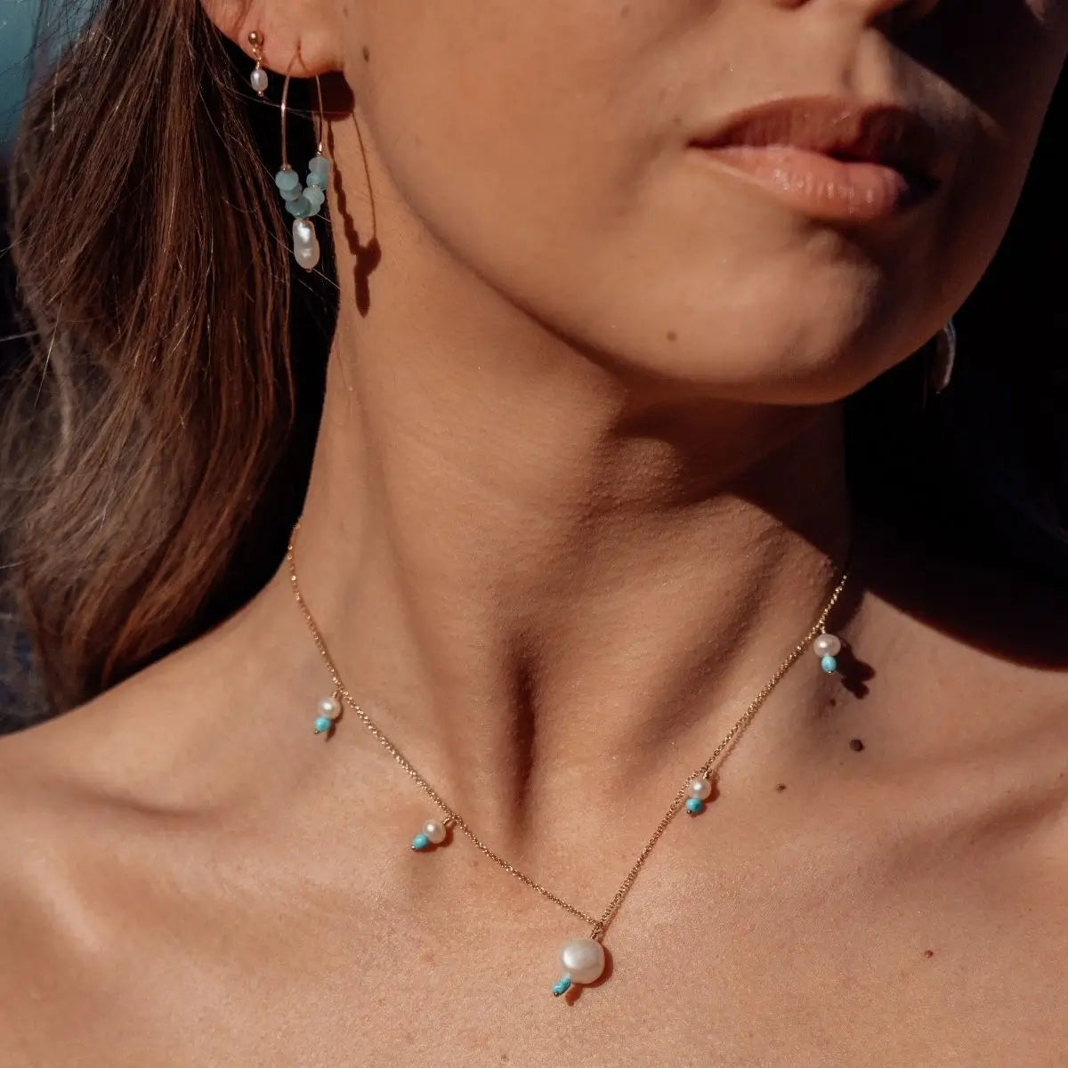 Pearl Raindrop Earrings Gold 1 - on model - Australian Jewellery Brand Bowerbird Jewels