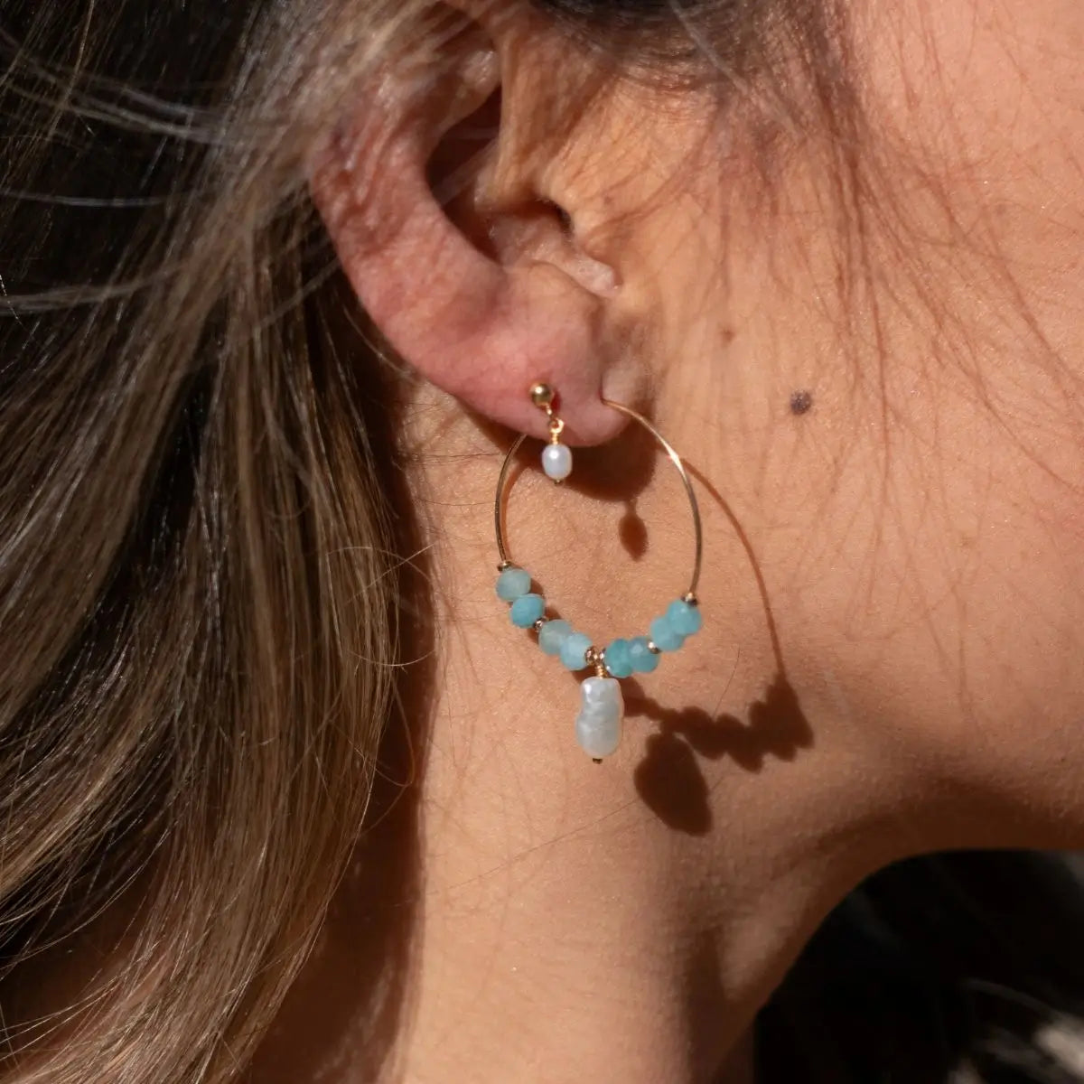 Pearl Raindrop Earrings Gold 4 - on model - Australian Jewellery Brand Bowerbird Jewels