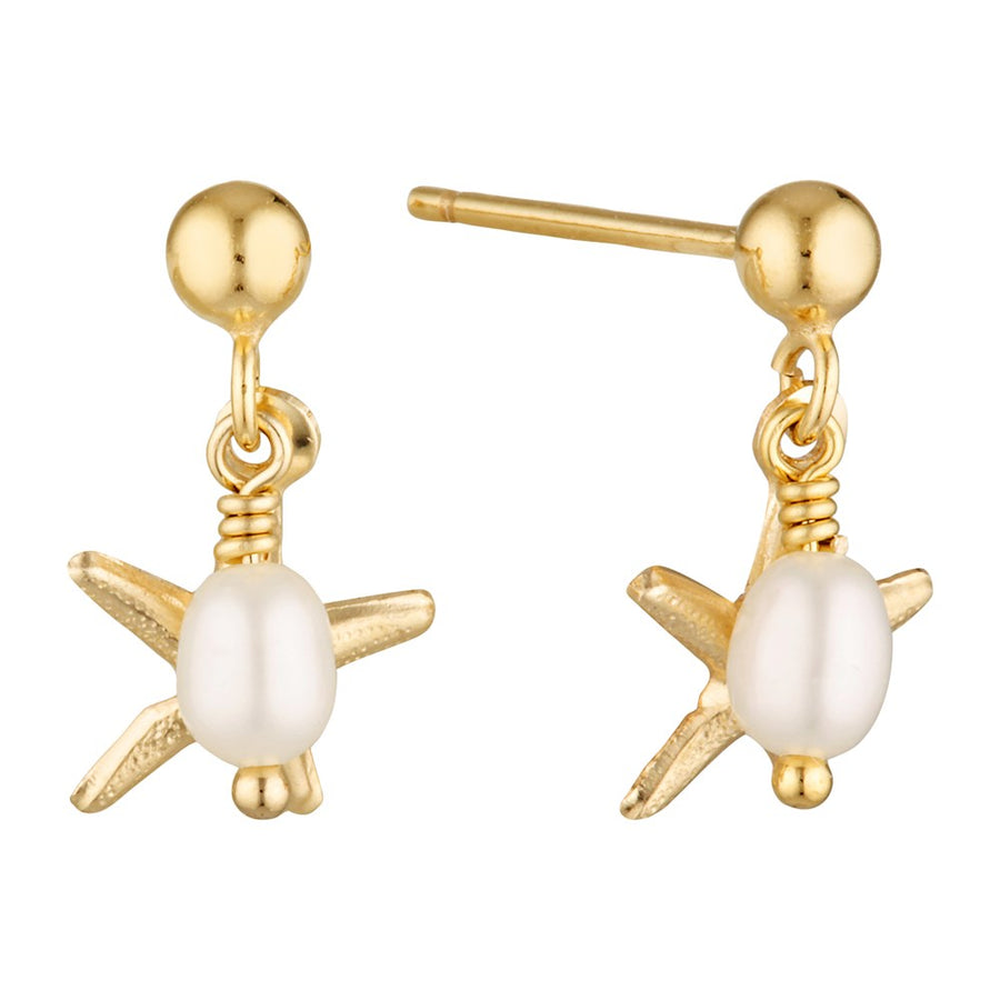 Seaside Gold Filled Earrings with Freshwater Pearl and Starfish Drop Gold 1 - Bowerbird Jewels - Online Jewellery Store