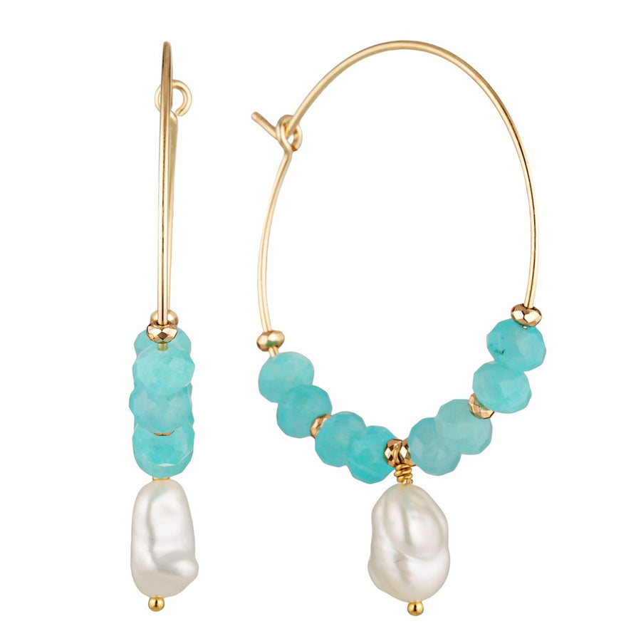 Sila Gold Filled Hoop Earrings with Gemstone and Keshi Pearl Drops Amazonite 1 - Bowerbird Jewels - Online Jewellery Store