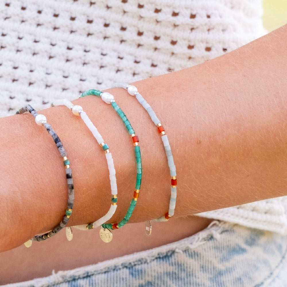 Silver-Moonseed Amazonite, Carnelian and Pearl Stacking Bracelet on model-Australian Jewellery Brand Bowerbird Jewels