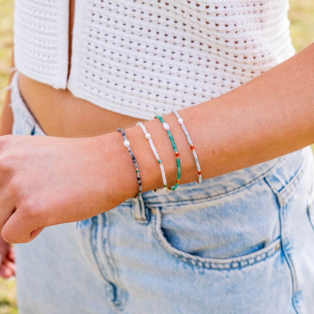 Silver-Moonseed Green Agate, Carnelian and Pearl Stacking Bracelet3 on model-Australian Jewellery Brand Bowerbird Jewels