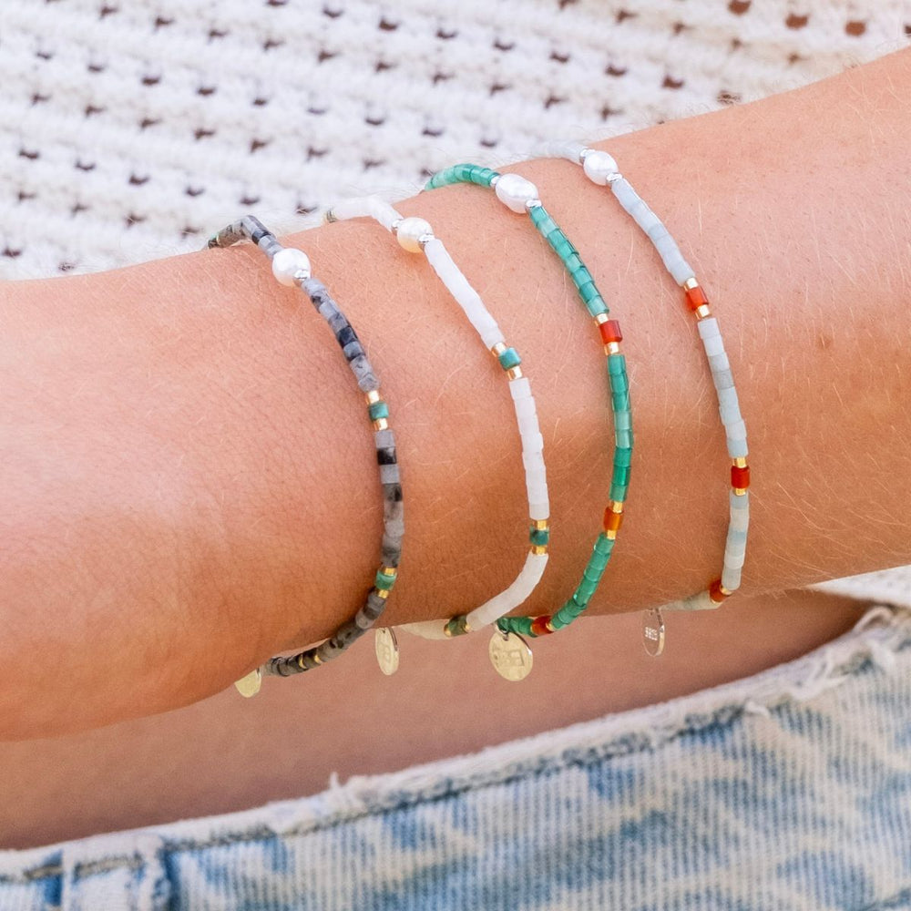 Silver-Moonseed Quartz, Turquoise and Pearl Beaded Stacking Bracelet on model-Australian Jewellery Brand Bowerbird Jewels