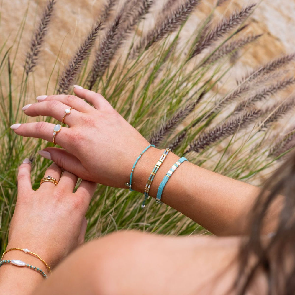 Silver-Prism Beaded Stacking Bracelet - Paraiba3 on model-Australian Jewellery Brand Bowerbird Jewels