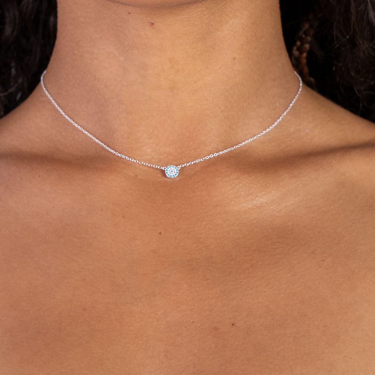 Silver-Silver Evil Eye Necklace Turquoise on model-Australian Jewellery Brand Bowerbird Jewels