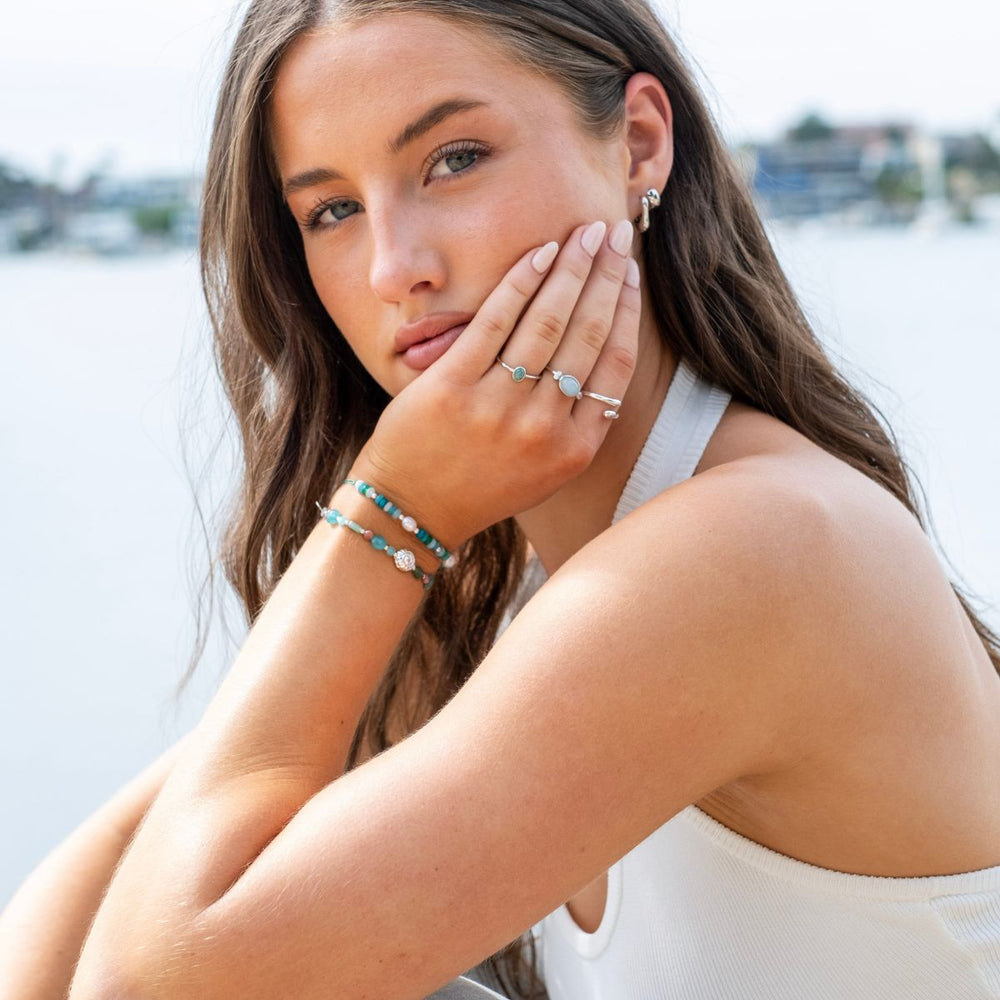 Silver-Silver Shell Gemstone Stacking Bracelet - Maui2 on model-Australian Jewellery Brand Bowerbird Jewels