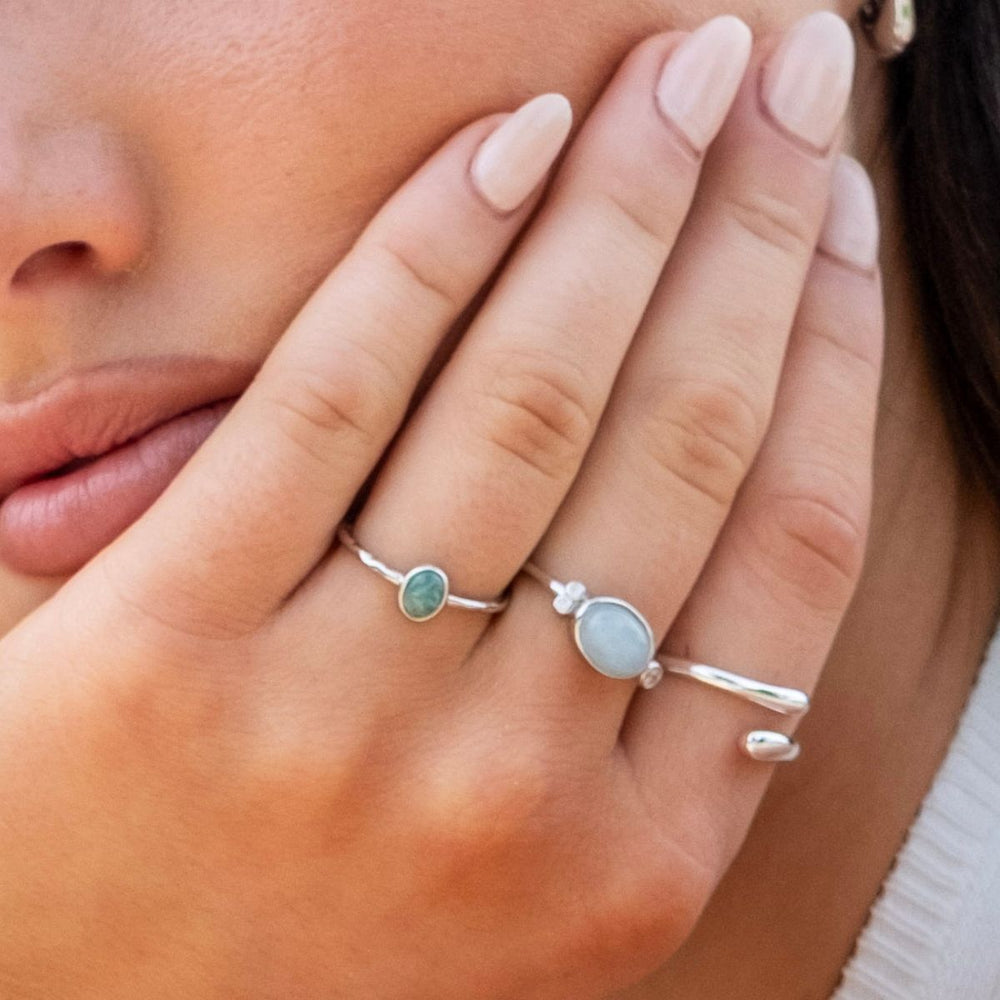 Silver-Solasta Amazonite Solitaire Ring in Sterling Silver on model-Australian Jewellery Brand Bowerbird Jewels