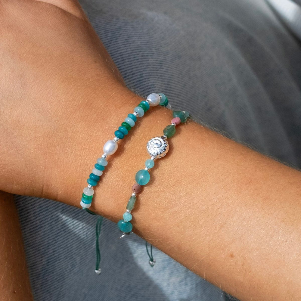 Silver-Sorbet Gemstone and Pearl Stacking Bracelet - Positano3 on model-Australian Jewellery Brand Bowerbird Jewels