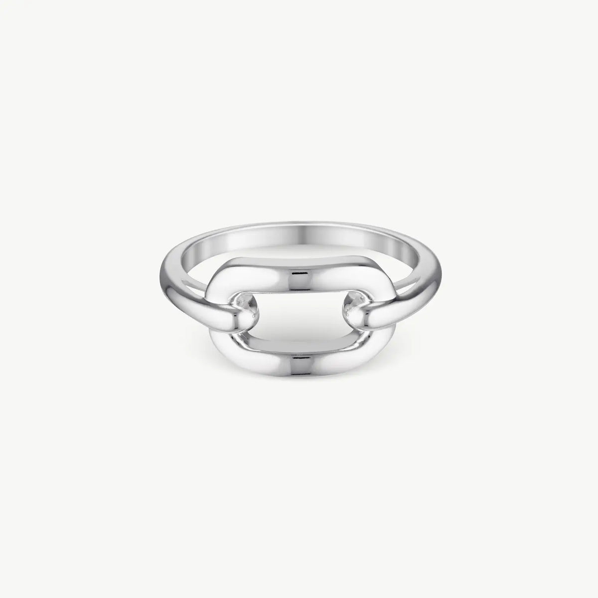 A polished silver-tone metal ring with a thick, rounded interlocking chain-link design, shown on a clean, light off-white background.
