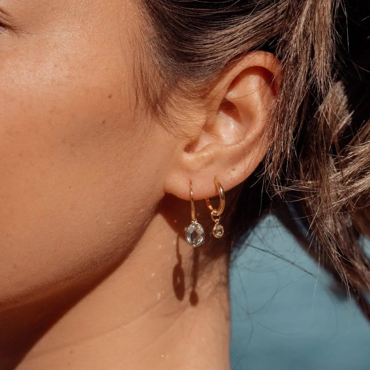 Skylark Blue Topaz Drop Earrings in 18K Gold Vermeil or Silver Gold 1 - on model- Australian Jewellery Brand Bowerbird Jewels