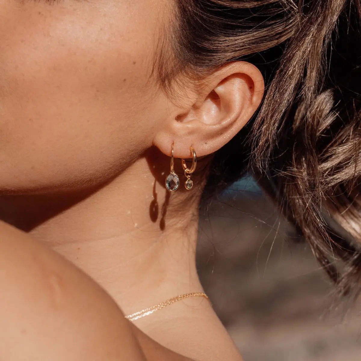 Skylark Blue Topaz Drop Earrings in 18K Gold Vermeil or Silver Gold 2 - on model- Australian Jewellery Brand Bowerbird Jewels