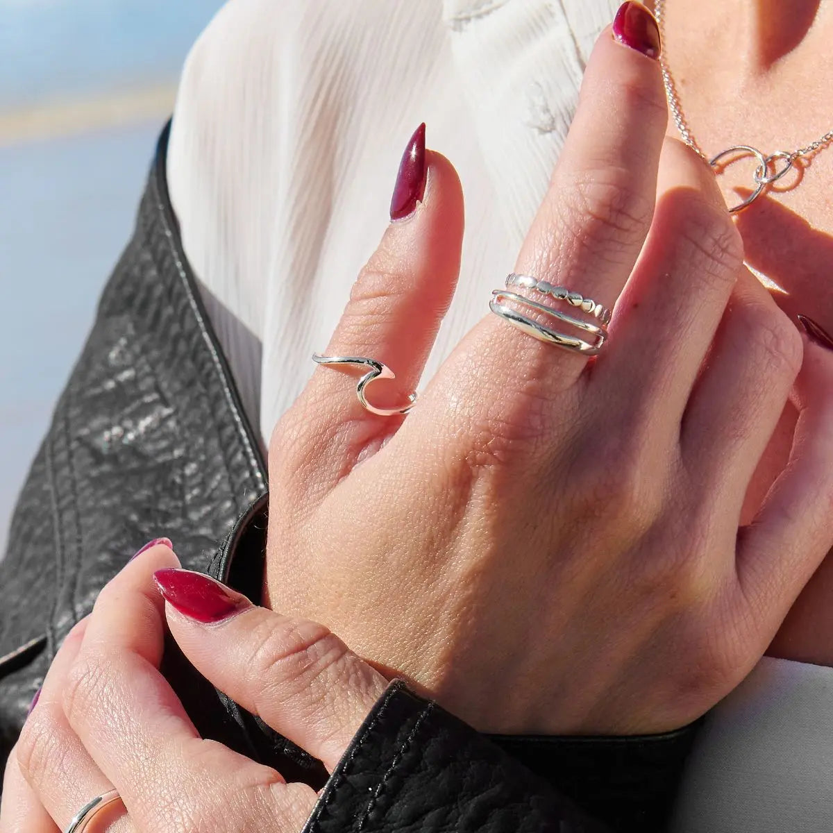 Sterling Silver Fine Wave Ring Silver 2 on model- Australian Jewellery Brand Bowerbird Jewels