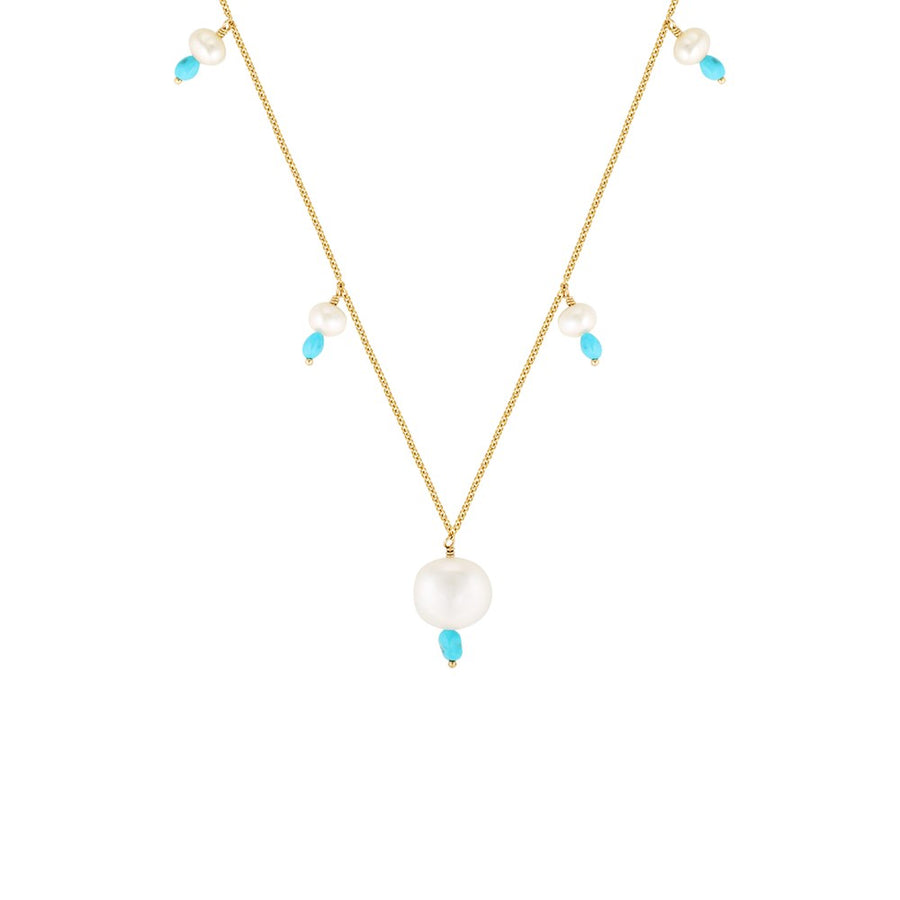 Turquesa Gold Filled Necklace with Pearl and Turquoise Drops Gold 1 - Bowerbird Jewels - Online Jewellery Store