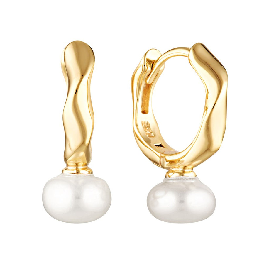 Zig Zag Pearl Drop Huggie Hoop Earrings Gold 1 - Bowerbird Jewels - Online Jewellery Store