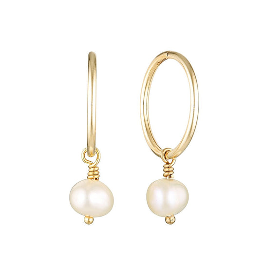 Gold Pearl Drop Fine Hoop Earrings - Bowerbird Jewels - Online Jewellery Stores