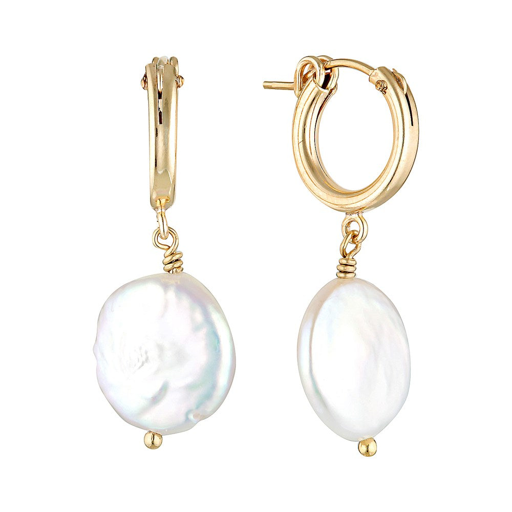 Coin Pearl Hoop Earrings Gold 1 - Bowerbird Jewels - Online Jewellery Stores