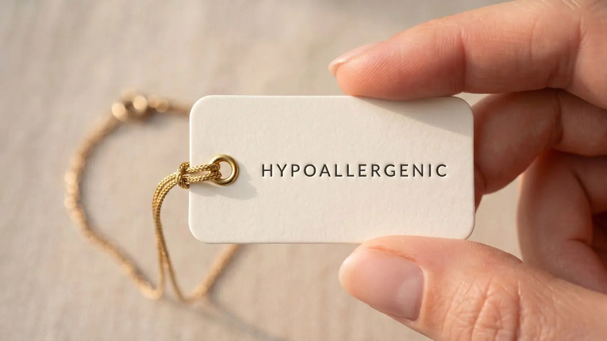 Picture of two fingers holding a white label card with string, stating hypoallergenic 