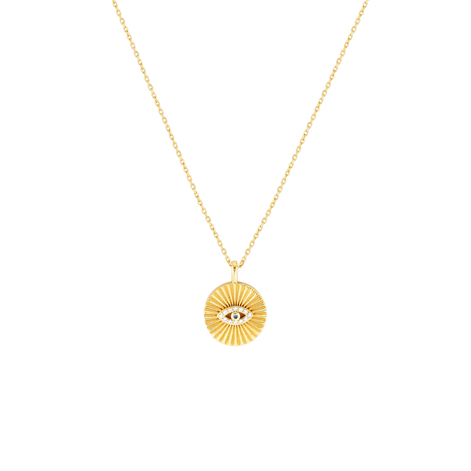 Gold necklace with a circular pendant on a white background