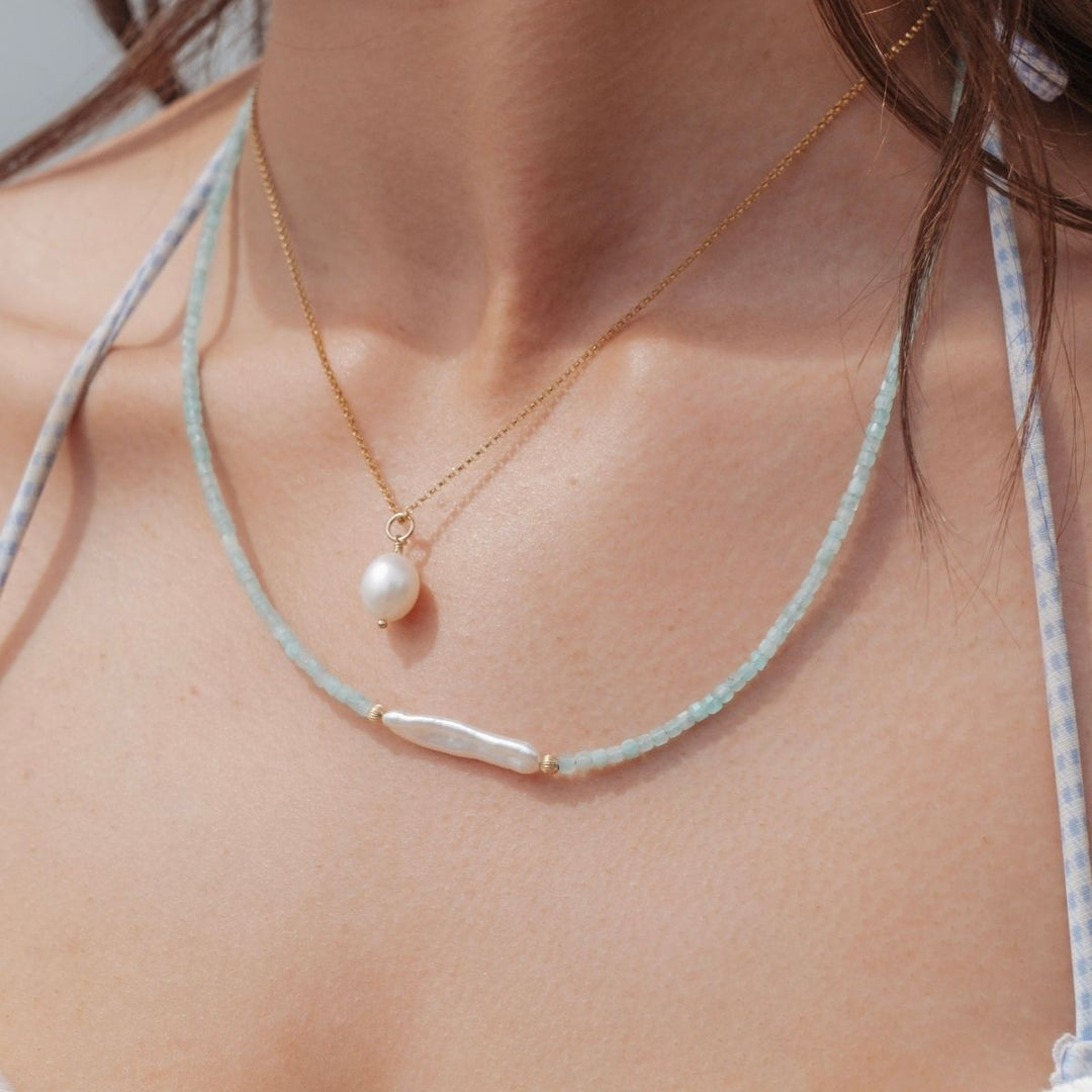 Gold Filled Beaded Amazonite and Biwa Pearl Necklace