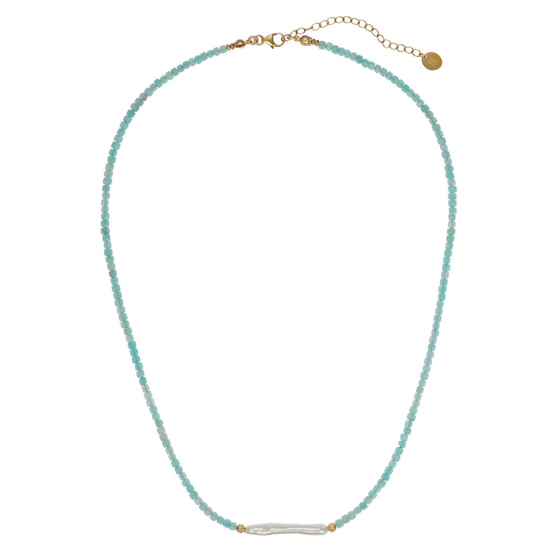 Gold Filled Beaded Amazonite and Biwa Pearl Necklace