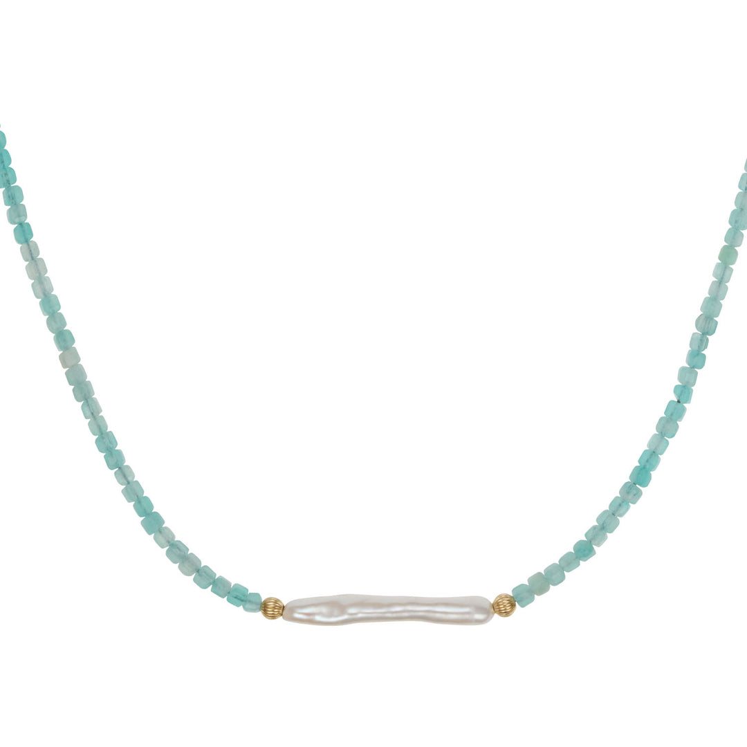 Gold Filled Beaded Amazonite and Biwa Pearl Necklace