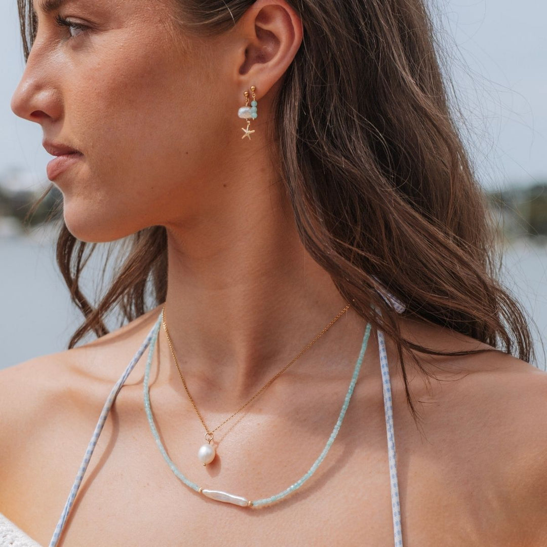 Gold Filled Beaded Amazonite and Biwa Pearl Necklace