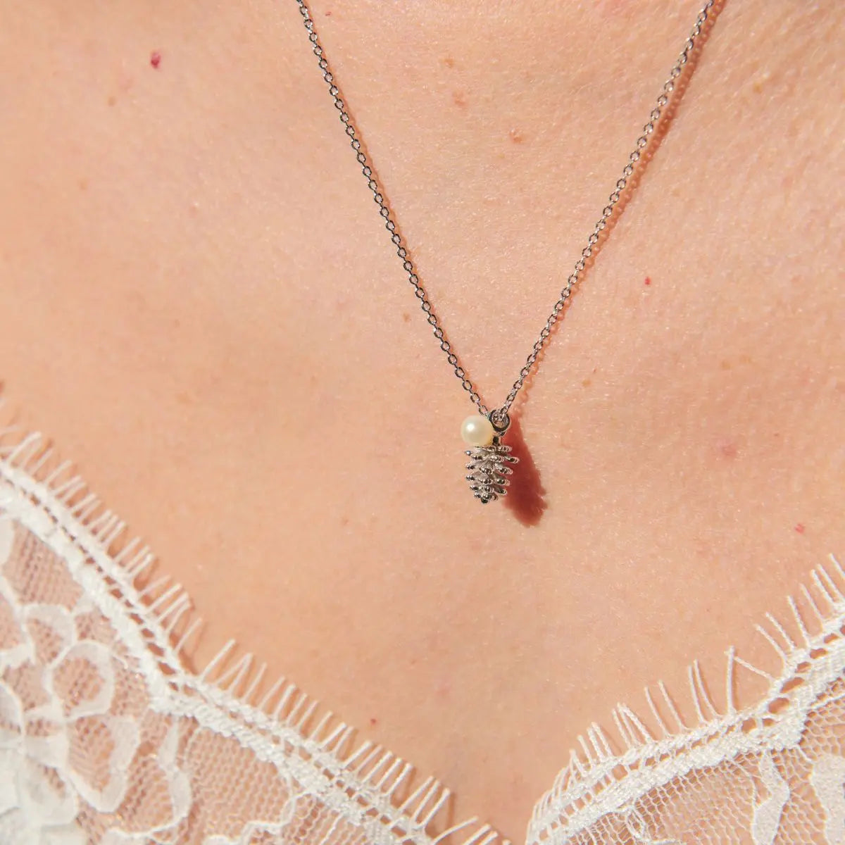 Acorn and Pearl Charm Necklaces Silver 1 on model- Australian Jewellery Brand Bowerbird Jewels
