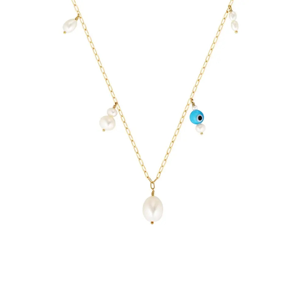 Alba Gold Filled Necklace with Evil Eye and Pearl Drops Gold 1 - Australian Jewellery Brand Bowerbird Jewels

