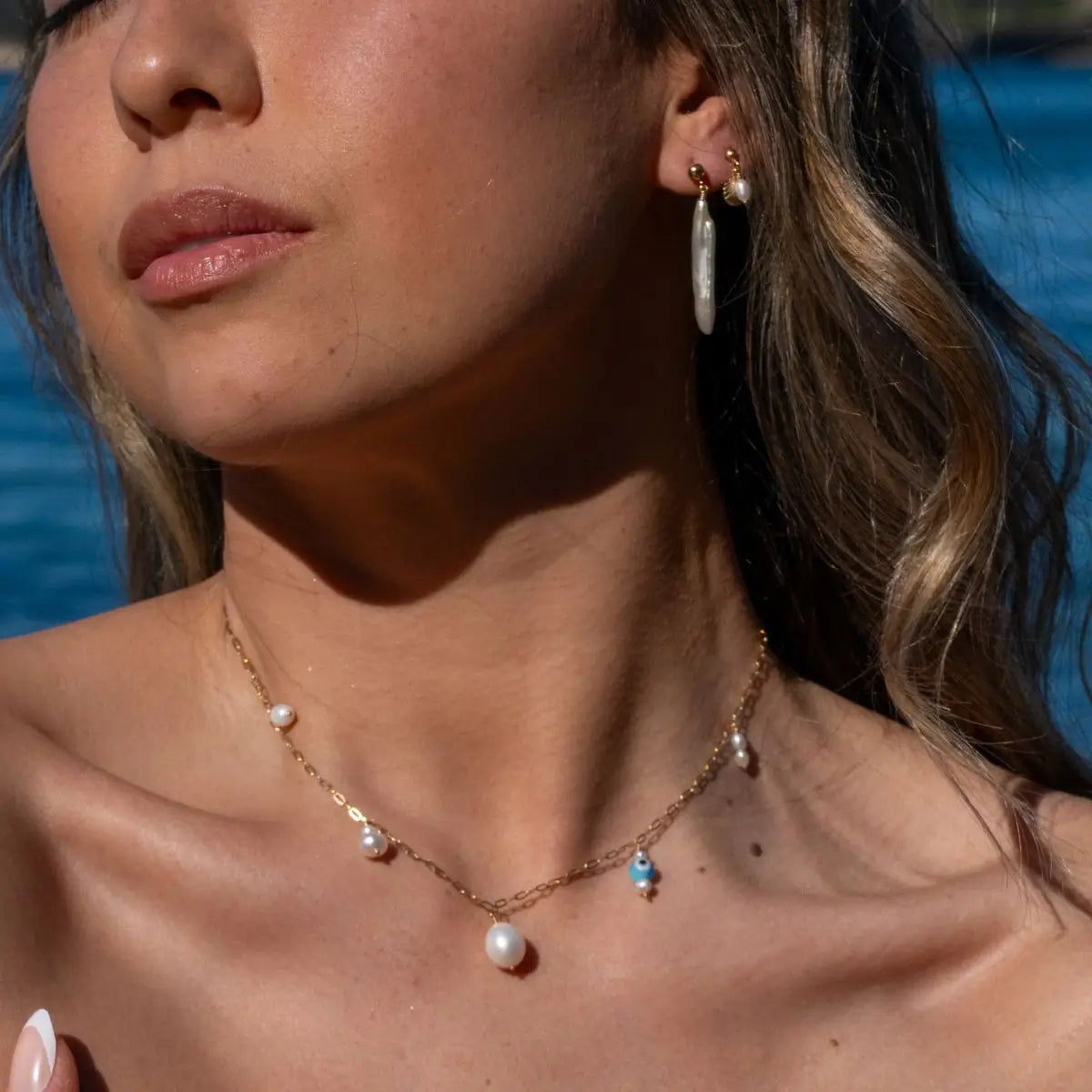 Alba Gold Filled Necklace with Evil Eye and Pearl Drops Gold 1 on model- Australian Jewellery Brand Bowerbird Jewels