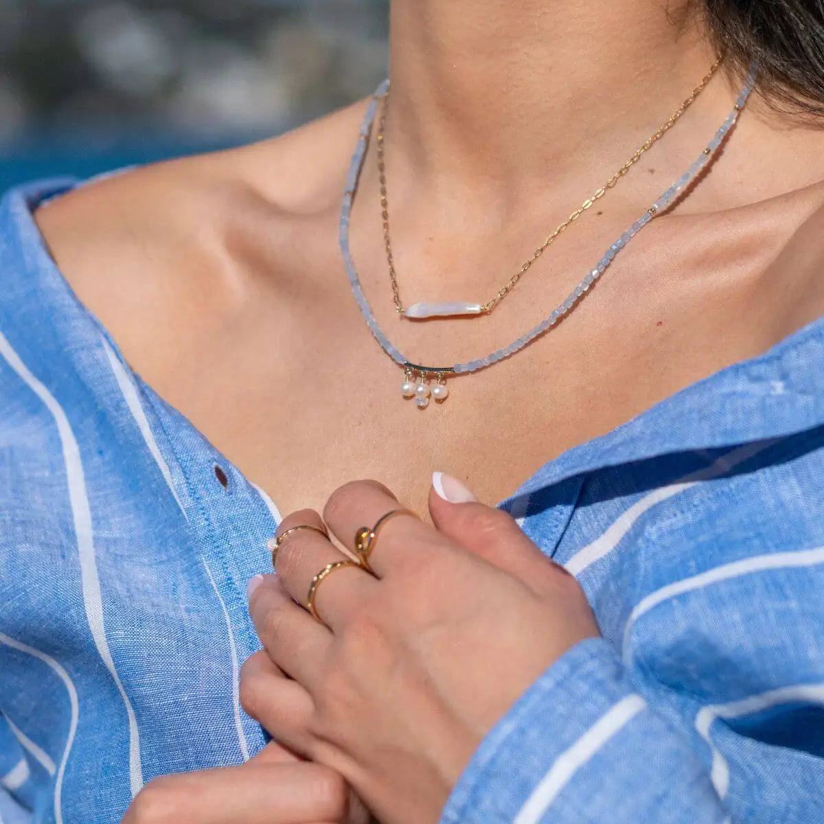 Aluna Gold Filled Necklace with Horizontal Biwa Pearl Gold 3 on model- Australian Jewellery Brand Bowerbird Jewels