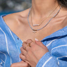 Aluna Gold Filled Necklace with Horizontal Biwa Pearl Gold 3 on model- Australian Jewellery Brand Bowerbird Jewels