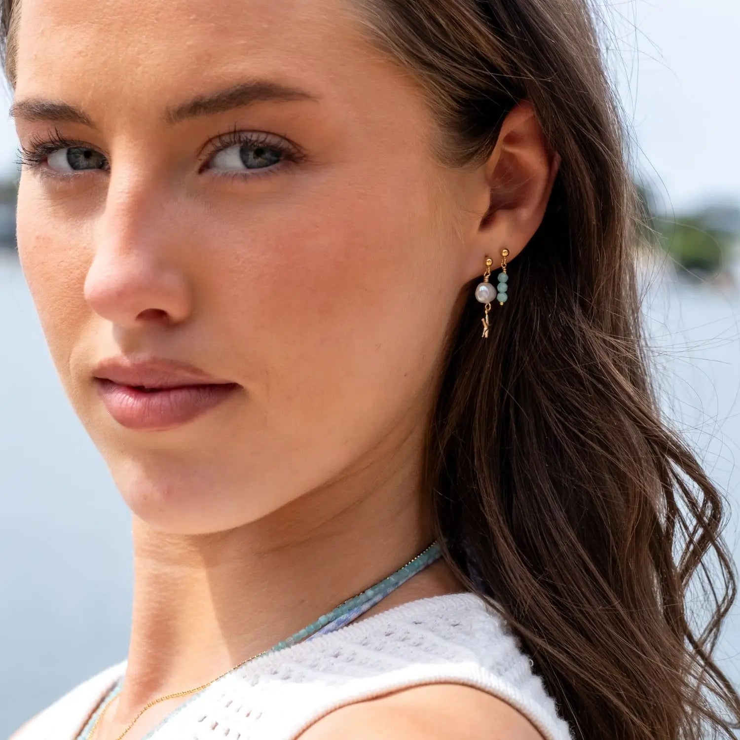 Ardour Drop Earrings Gold 1 on model- Australian Jewellery Brand Bowerbird Jewels
