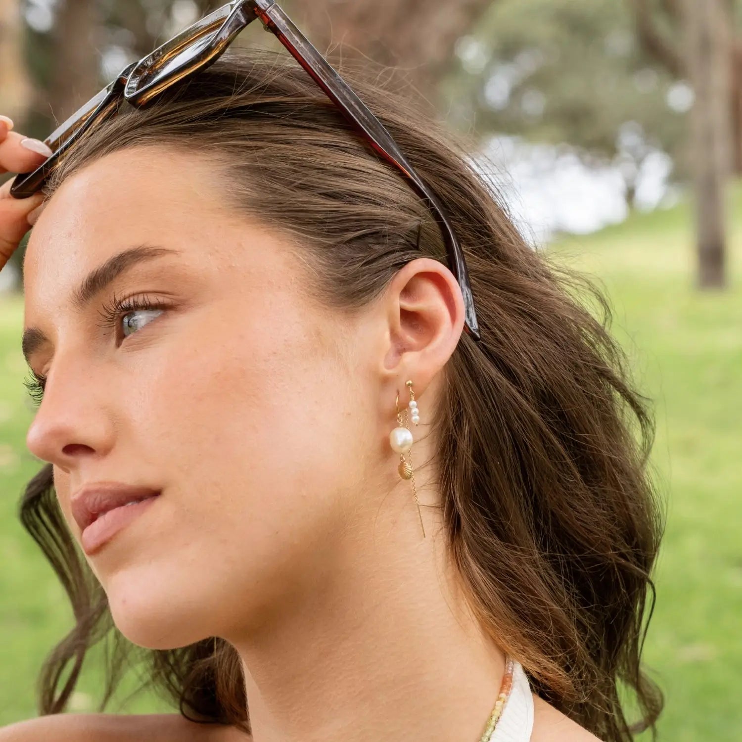 Ardour Drop Earrings Gold 2 on model- Australian Jewellery Brand Bowerbird Jewels