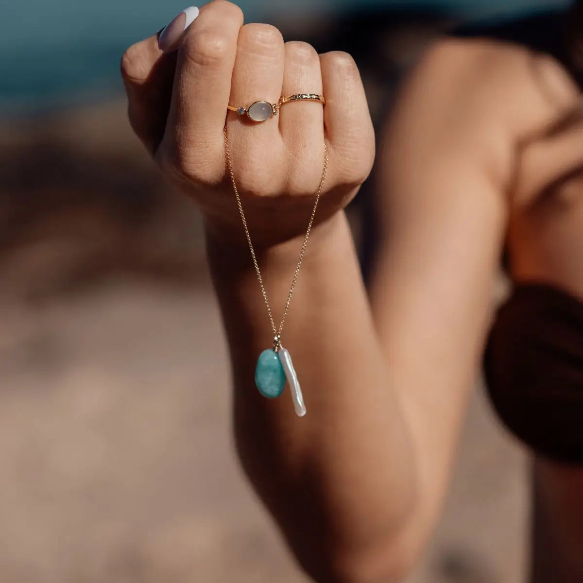 Ayla Gold Filled Necklace with Amazonite & Biwa Pearl Gold 2 on model- Australian Jewellery Brand Bowerbird Jewels