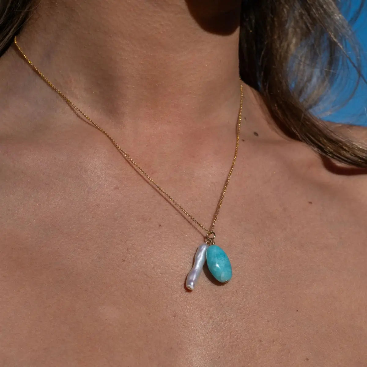 Ayla Gold Filled Necklace with Amazonite & Biwa Pearl Gold 3 on model- Australian Jewellery Brand Bowerbird Jewels
