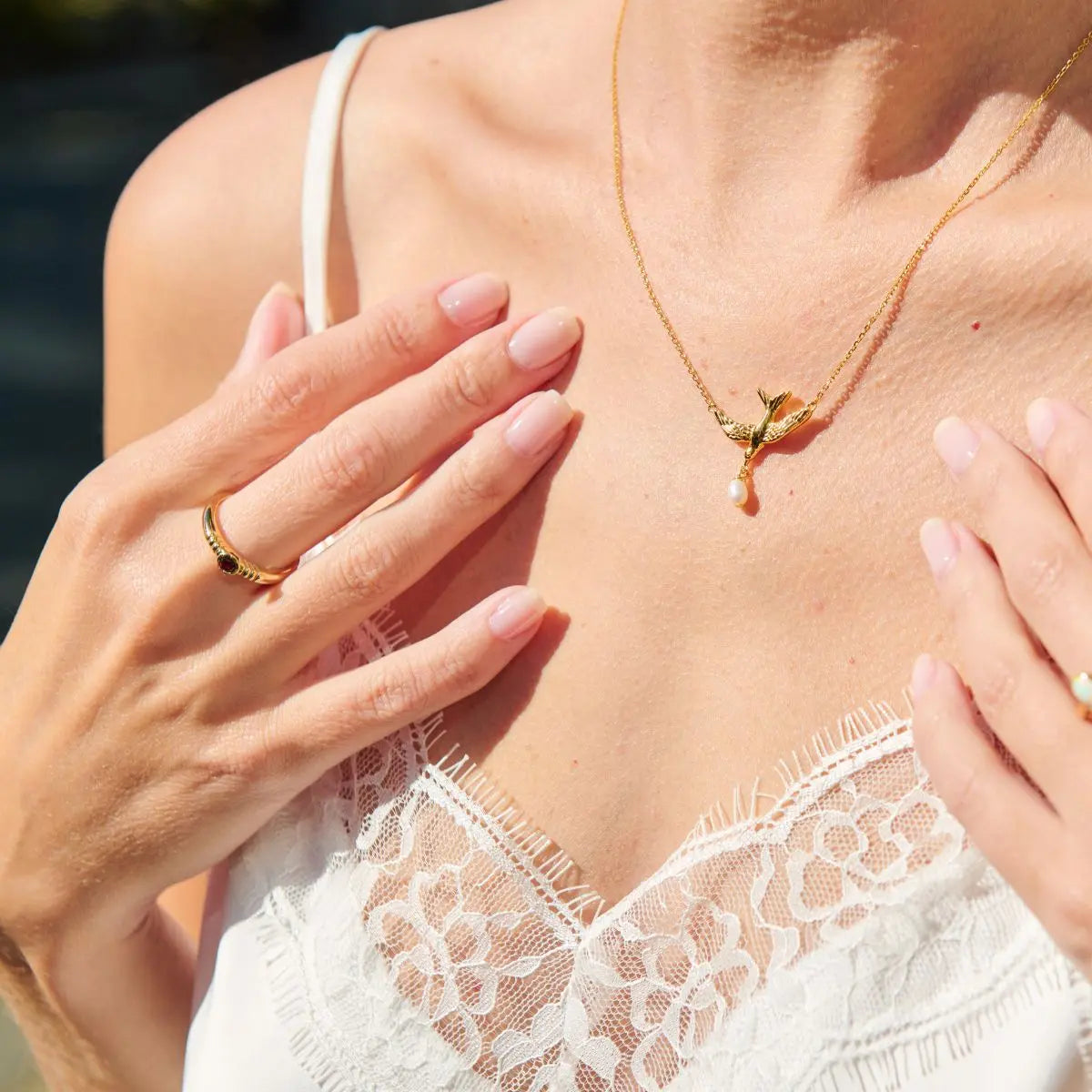 Bluebird and Pearl Necklace in Sterling Silver or Gold 1 on model- Australian Jewellery Brand Bowerbird Jewels