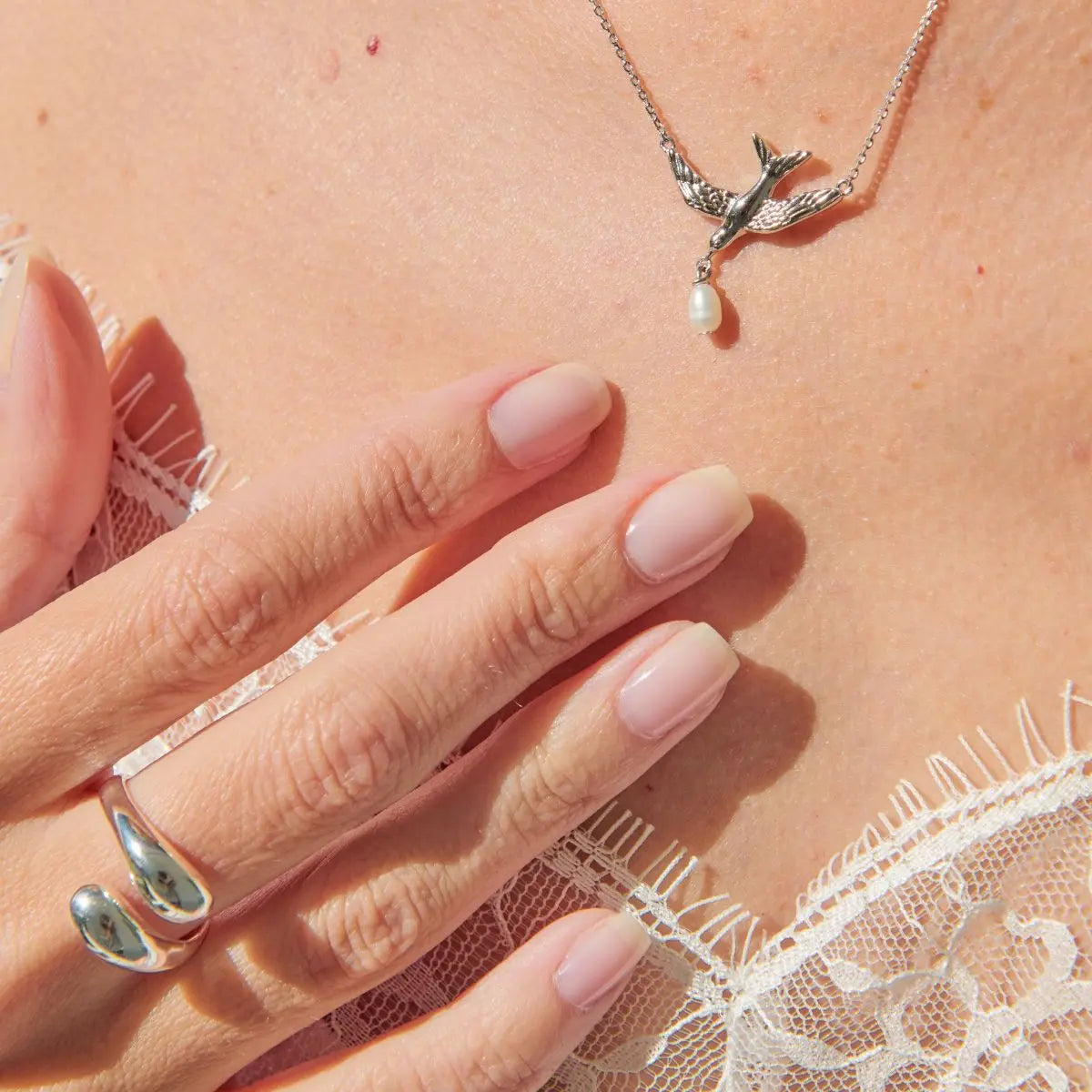 Bluebird and Pearl Necklace in Sterling Silver or Gold Silver 1 on model- Australian Jewellery Brand Bowerbird Jewels