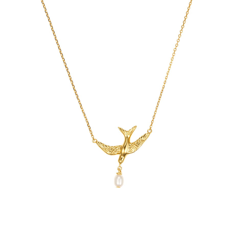 Bluebird and pearl necklace in gold close up-Australian Jewellery Brand Bowerbird Jewels